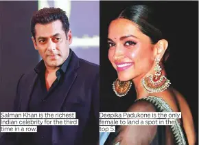  ?? Photos by AFP and PTI ?? Salman Khan is the richest Indian celebrity for the third time in a row. Deepika Padukone is the only female to land a spot in the top 5.