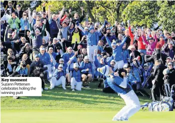  ??  ?? Key moment Suzann Pettersen celebrates holing the winning putt