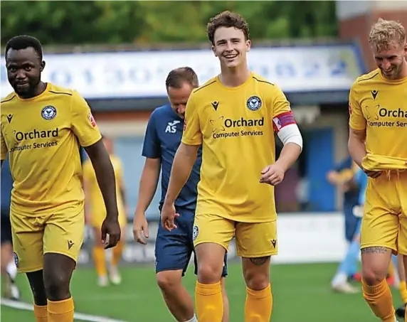  ?? Picture: Yate Town FC ?? Yate Town players are all smiles after the win against Dorchester Town