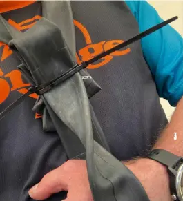  ?? ?? 3. After a nasty over-the-bars crash and a cracked collarbone, Steve Thorley cleverly fashioned a sling out of an inner tube and some zipties for the journey to the hospital. Ingenious!