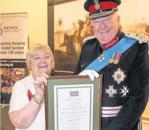  ??  ?? Gaynor Bowker, a 69-year-old Adult Volunteer with Accrington Sea Cadets with Lord Shuttlewor­th