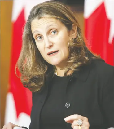  ?? Davi d Kawai / Bloom berg files ?? Finance Minister Chrystia Freeland says she is aware that the level of debt is a concern for many Canadians, but added that the government can afford it.