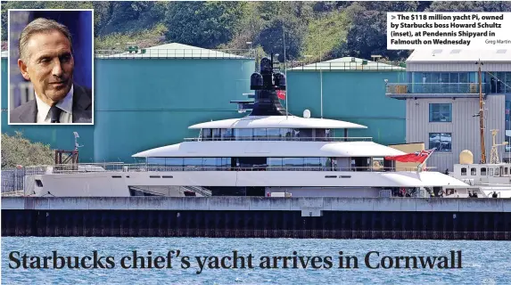  ?? Greg Martin ?? > The $118 million yacht Pi, owned by Starbucks boss Howard Schultz (inset), at Pendennis Shipyard in Falmouth on Wednesday