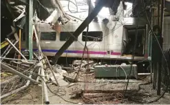  ?? —AP ?? HOBOKEN, NEW JERSEY: This Oct. 1, 2016, file photo provided by the National Transporta­tion Safety Board shows damage done to the Hoboken Terminal.