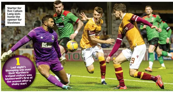  ??  ?? Starter for five: Callum Lang slots home the opener for Steelmen