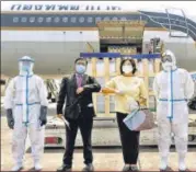  ??  ?? An aircraft carrying Covid relief material from Thailand arrives at IGI Airport on Saturday.