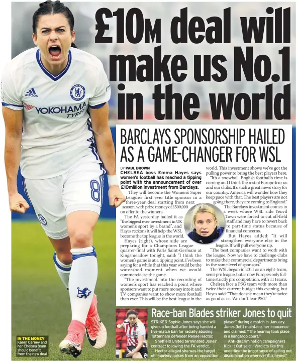  ??  ?? Karen Carney and her Chelsea team should benefit from the new deal