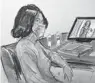  ?? ELIZABETH WILLIAMS/AP ?? In this courtroom sketch, Ghislaine Maxwell is seated at the defense table while watching testimony of witnesses during her trial on Tuesday in New York.