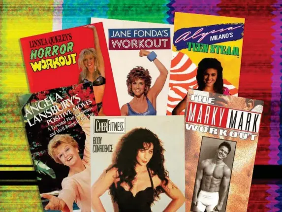  ??  ?? Camp genius: vintage exercise tapes from Angela Lansbury, Linnea Quigley, Cher, Jane Fonda, Alyssa Milano and Mark Wahlberg