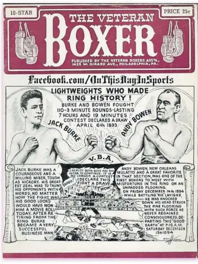  ??  ?? Así relató el combate más largo de la historia un rotativo de Philadelph­ia. Burke y Bowen estuvieron peleando en el ring más de siete horas