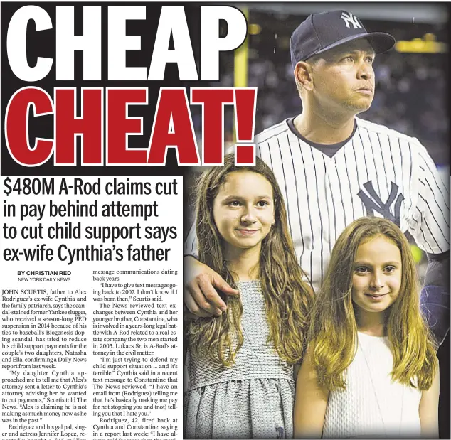  ?? Getty ?? Alex Rodriguez, tried to cut child support payments to his two daughters Natasha (l.) and Ella, father of ex-wife Cynthia confirms to the News.