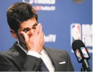  ?? Yader Guzman / The Chronicle ?? Warriors general manager Bob Myers fights back tears Monday while discussing Durant.