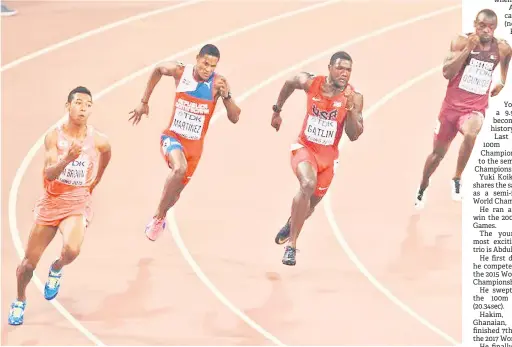  ??  ?? Japan’s world junior champion Abdul Hakim Sani Brown (le ) negotiates the bend with American Justin Gatlin (second right) and Qatar’s Femi Ogunode (right) during the 200m semi-finals of the 2015 World Athletics Championsh­ips in Beijing, China.