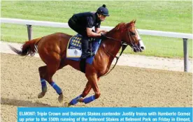  ?? —AFP ?? ELMONT: Triple Crown and Belmont Stakes contender Justify trains with Humberto Gomez up prior to the 150th running of the Belmont Stakes at Belmont Park on Friday in Elmont, New York.