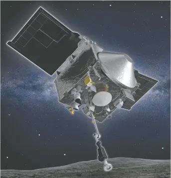  ?? NASA/AFP ?? This NASA file image obtained October 23, 2020 shows an artist's rendering of the OSIRIS-REx spacecraft descending towards asteroid Bennu to collect a sample of the asteroid's surface. A few days earlier, the probe touched the ground of the asteroid for about six seconds to recover, with the help of an arm, grains of sand and dust from the soil of Bennu, lifted from the surface by a blast of compressed gas.