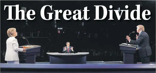  ?? JOE RAEDLE/POOL VIA THE ASSOCIATED PRESS ?? Democratic presidenti­al nominee Hillary Clinton listens as Republican presidenti­al nominee Donald Trump answers moderator Chris Wallace’s question during the third presidenti­al debate at UNLV in Las Vegas, Wednesday.