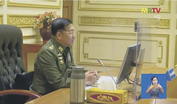  ??  ?? 0 Military chief General Min Aung Hlaing chaired the first cabinet meeting in Naypyidaw, following a coup on Monday that saw de facto leader Aung San Suu Kyi detained