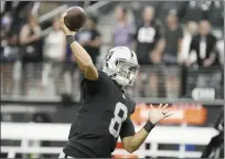  ?? AP file photo ?? Marcus Mariota hasn’t started a game since Week 6 at Denver for Tennessee in 2019. The Saint Louis School graduate finished out that season as Ryan Tannehill’s backup and then signed with the Las Vegas Raiders, where he spent the past two seasons behind Derek Carr.