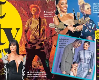  ?? ?? Doja Cat poses with four awards
Machine Gun Kelly performs during the 2022 Billboard Music Awards
Kylie Jenner with Travis Scott and daughter Stormi
Mary J Blige receives the Icon Award from Janet Jackson