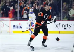  ?? MATT SLOCUM — THE ASSOCIATED PRESS ?? The Flyers’ Owen Tippett reacts after scoring his third goal against the Buffalo Sabres on Friday at the Wells Fargo Center.