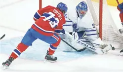  ?? PAUL CHIASSON/THE CANADIAN PRESS VIA AP ?? Maple Leafs goaltender Frederik Andersen makes a save against the Canadiens’ Tyler Toffoli on Wednesday.