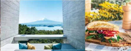  ??  ?? 1. A view of Mt Fuji in the autumn 2.Beautiful views of Mt Fuji from the HOSHINOYA cabins 3. A deli-style breakfast 4. The cloud terrace at HOSHINOYA Fuji 5. The cabin at HOSHINOYA Fuji 6. The reception area at HOSHINOYA Fuji