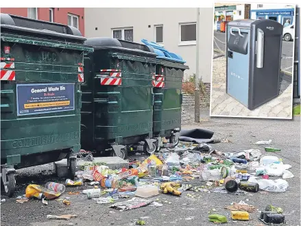  ??  ?? Overflowin­g Eurobins in Lochee and, inset, a smart bin in Kirkcaldy.