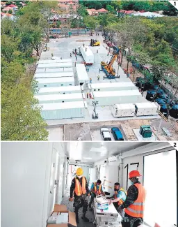  ?? FOTOS: EL HERALDO ?? (1) Los trabajos de ensamblaje del hospital móvil en San Pedro Sula tienen un avance del 50%. (2) El hospital estará en un período de prueba para que luego entre en funcionami­ento.