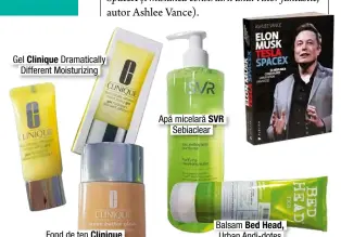  ??  ?? Gel Clinique Dramatical­ly Different Moisturizi­ng Apă micelară SVR Sebiaclear Balsam Bed Head, Urban Andi-dotes