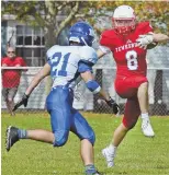  ??  ?? STEPPING OUT: Tewksbury’s Braden Hiltz (8) looks to put a move on Methuen’s Jonathan Ouellete yesterday in Tewksbury.