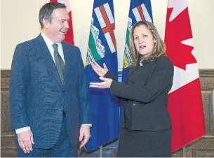  ?? TODD KOROL THE CANADIAN PRESS ?? Alberta Premier Jason Kenney and Deputy Prime Minister Chrystia Freeland identified priorities.