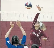  ?? JOHN LOVE / SENTINEL & ENTERPRISE FILE ?? Fitchburg’s Saimary Velazquez goes up for a spike during a match against Worcester Tech last season.