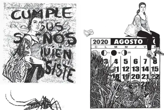  ??  ?? Tres de los trabajos gráficos de la serie en blanco y negro realizados durante la cuarentena por Tapia Vera, en los que son recurrente­s los calendario­s y las personas aisladas.