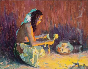  ??  ?? Eanger Irving Couse (1866-1936), Indian Brave Kneeling Before the Firelight, 1921, oil on board, 7½ x 93⁄8”. Estimate: $20/30,000 SOLD: $25,000