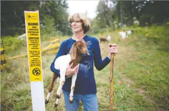  ?? JONATHAN HAYWARD /THE CANADIAN PRESS ?? Barbara Gard says expansion of the Trans Mountain pipeline, which runs through her property, will take away grazing land for her goats and other livestock in Abbotsford, B.C.