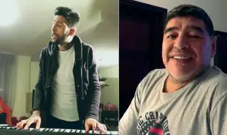  ??  ?? Su Instragram Lucas Castro in un fermo immagine del video postato con la canzone; a destra, Maradona durante la sua risposta (sempre via social)