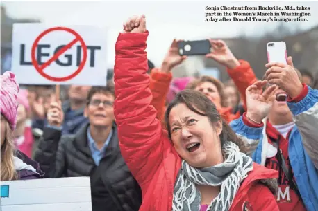  ?? JACK GRUBER-USA TODAY ?? Sonja Chestnut from Rockville, Md., takes part in the Women’s March in Washington a day after Donald Trump’s inaugurati­on.