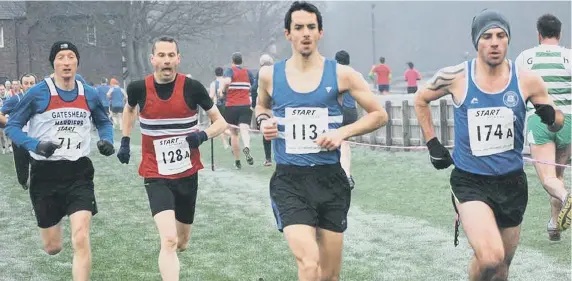  ??  ?? Sunderland Harrier Ian Dixon, far right, leads the Durham Cathedral Veterans relay race.