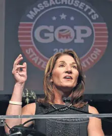  ?? CHRIS CHRISTO / BOSTON HERALD FILE ?? BLAMES BOTH SIDES: Lt. Gov. Karyn Polito, shown at the GOP State Convention in April, says ‘the extreme right and the extreme left’ are to blame for divisivene­ss.