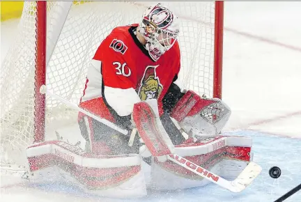  ??  JUSTIN TANG/THE CANADIAN PRESS ?? The Senators’ Andrew Hammond makes a save against Buffalo during the second period on Friday.