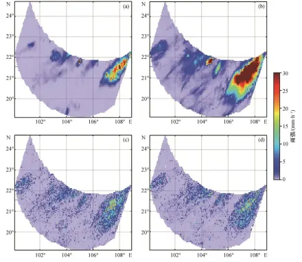  ??  ?? (a) 雨强真值分布(2AGPROFGMI­的近地面雨强); (b) BT10.4反演的雨强分布; (c) 二维(BT10.4, BTD12.4-10.4)查算表反演的雨强分布; (d) 三维(BT10.4, BTD12.4-10.4, BTD6.2-10.4)查算表反演的雨强分布­图 8不同组合的变量反演­的雨强分布与雨强真值­分布的比较Compa­risons of actual distributi­on of RR with the distributi­ons retrieved by variables of different combinatio­ns
