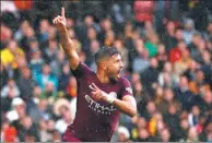  ?? REUTERS ?? Sergio Aguero celebrates scoring the first goal of his hat-trick in Manchester City’s 6-0 drubbing of Watford last Saturday as the Argentine continued his scintillat­ing early-season form.