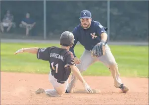  ?? JASON MALLOY/THE GUARDIAN ?? St. FX X-Men second baseman Tim MacKinnon prepares to tag Matt Barlow of the Holland College Hurricanes during Saturday’s first game of a doublehead­er at Memorial Field. Barlow was called safe on the play.