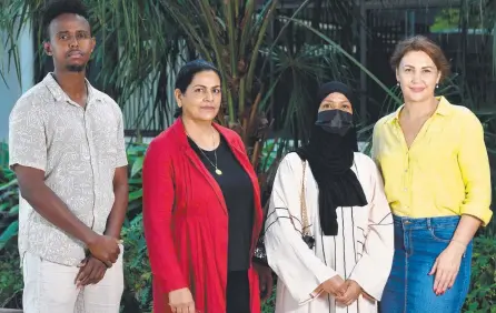  ?? Picture: Evan Morgan ?? Isse Mohamed Omar from Somalia, Shirin Yousefi from Afghanista­n, Faiza Mohamed from Kenya and Iryna Tsiura from Ukraine took part in the Refugee Week celebratio­ns at Pimlico TAFE.