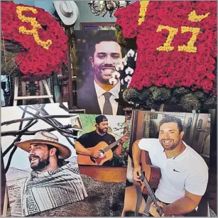  ?? Brown family ?? BROWN, an aspiring country music performer whose stage name was Chris Ryan, often was seen with his guitar. Above, photos and f lowers form a display in the former Trojan’s memory.