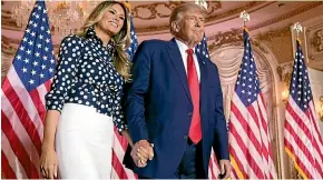  ?? AP ?? Former President Donald Trump stands on stage with former first lady Melania Trump after he announced a run for president for the third time as he speaks at Mar-a-Lago in Palm Beach yesterday.