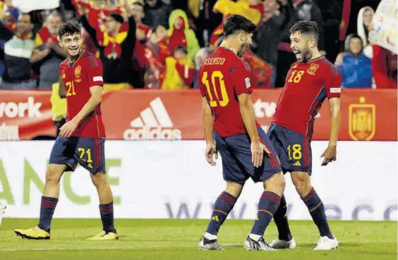  ?? // EFE ?? Jordii Alba marcó el gol del empate provisiona­l después de una gran jugada de Asensio; fue la única acción en la que el madridista destacó