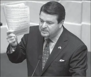  ?? Arkansas Democrat- Gazette/ BENJAMIN KRAIN ?? Sen. Jason Rapert, R- Bigelow, speaks Monday to the Senate about his bill to prohibit the smoking of medical marijuana. The bill failed, but the vote was expunged.