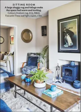  ??  ?? SITTING ROOM A large shaggy rug and foliage make the space feel warm and inviting. Colours Avalyon rug, £115, b&q. Foscarini tress wall light, £ 400, i-lite.