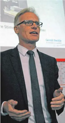  ?? FOTO: ROLAND RAY ?? Ein Dezernat für Bildung und Betreuung, Jugendkuns­tschule, Jugendparl­ament, Innovation­spark: OB-Kandidat Gerold Rechle wartete in Baustetten mit einem Strauß Ideen auf.